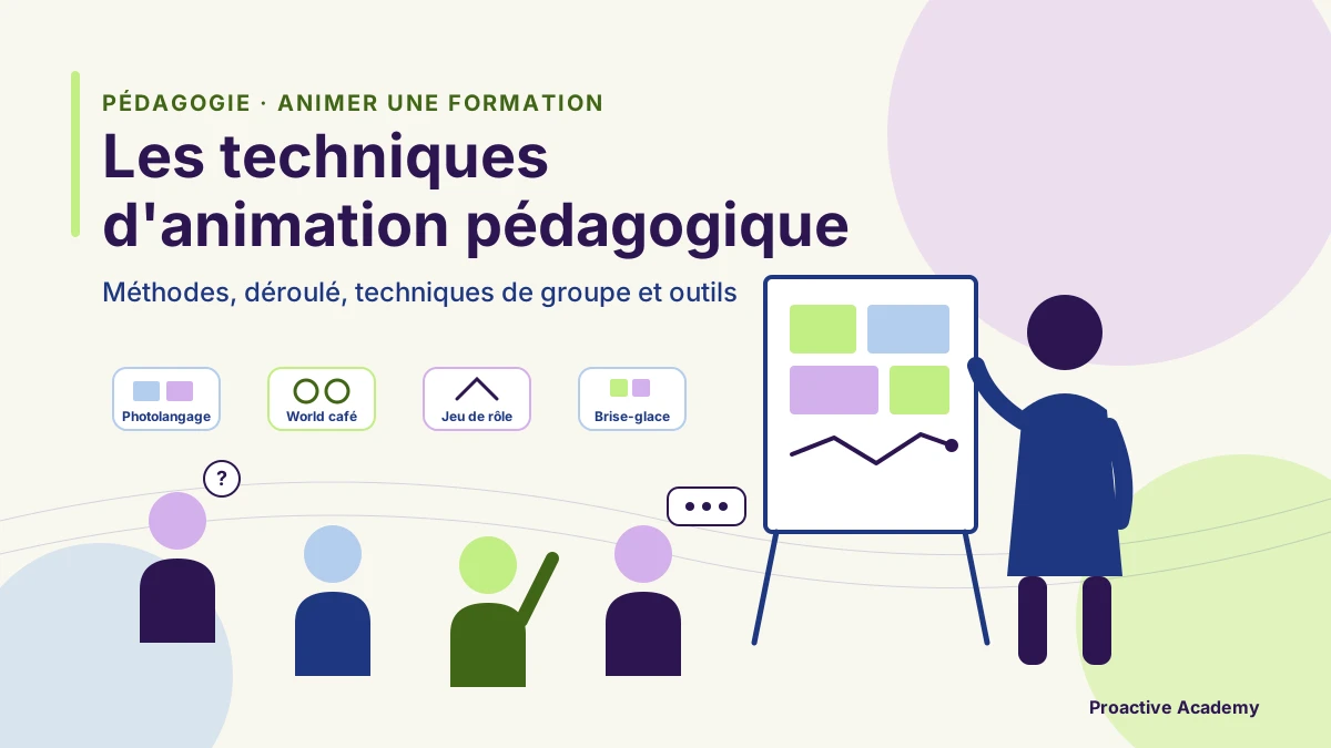 Techniques d’animation pédagogique : une formatrice anime un groupe d’adultes devant un paperboard