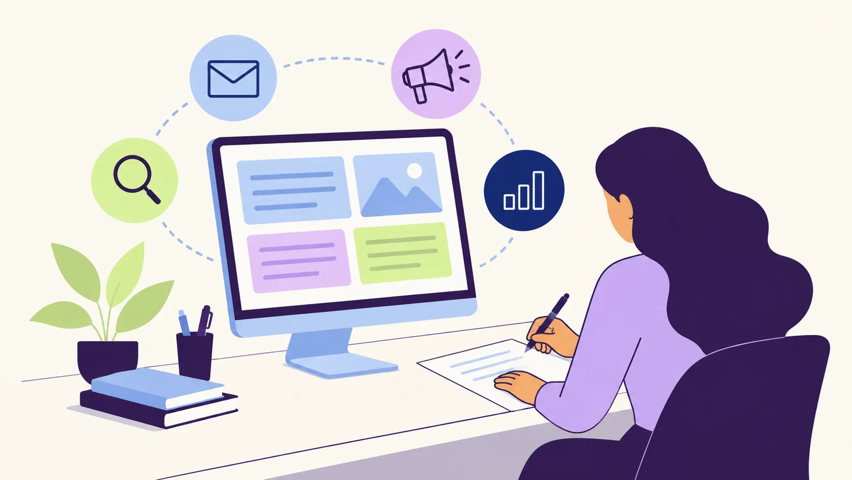IA marketing, un écran de contenus générés relu par une personne, entouré des canaux e-mail, publicité, recherche et analyse