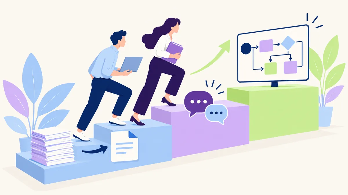 Transformation digitale et IA générative en entreprise, DSI et responsable formation devant un plan de projet