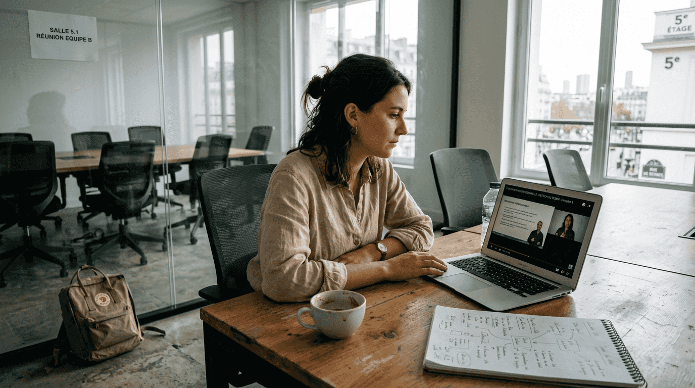Une salariée en pleine session de formation en ligne sur son lieu de travail