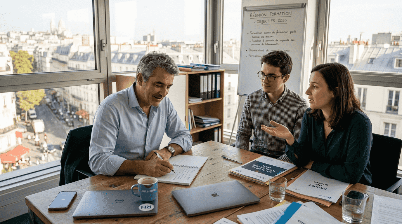 Le manager échange avec son équipe au sujet des formations professionnelles à mettre en place.