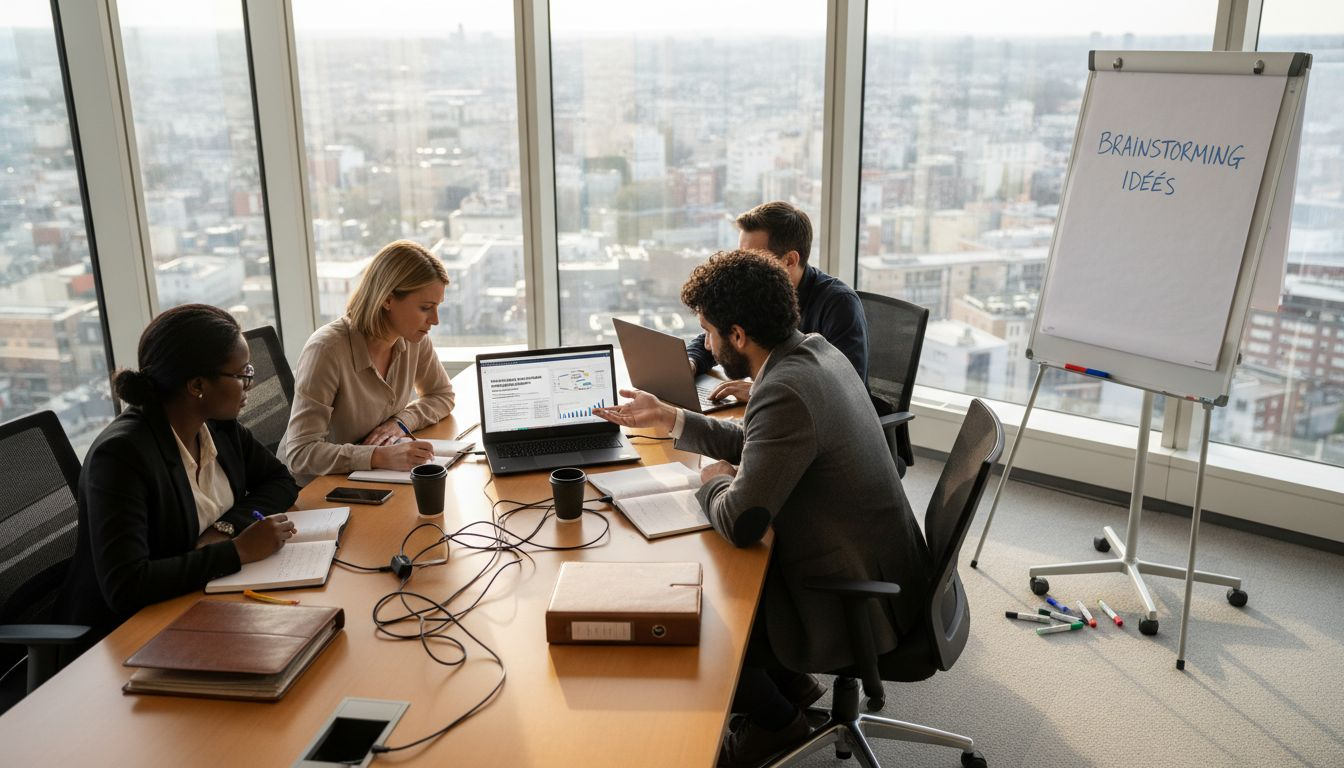 Une équipe se forme lors d’une session de formation dans une salle de réunion vitrée.