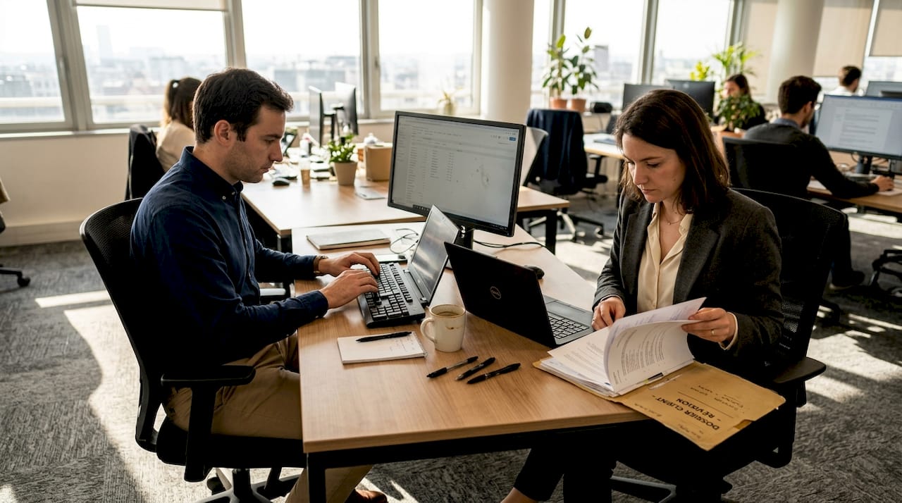 Une équipe échange et travaille ensemble dans un open space en entreprise.