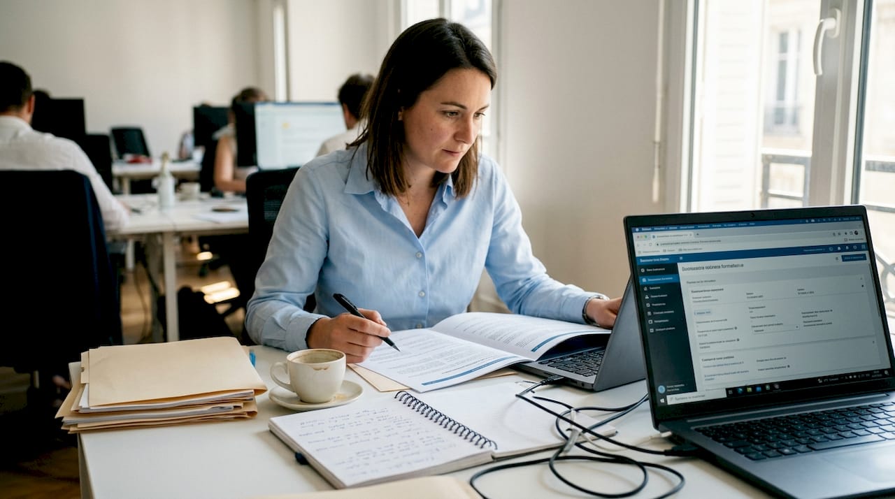 Le responsable de la formation passe en revue les dossiers sur son bureau.
