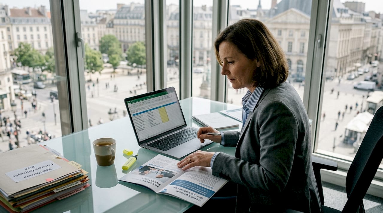 Dans son bureau, le responsable RH passe en revue les différentes formations proposées aux collaborateurs.