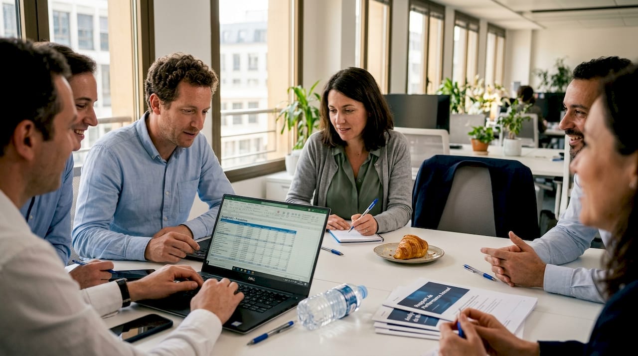 Des responsables échangent et travaillent ensemble dans une salle de réunion lumineuse, baignée de soleil.