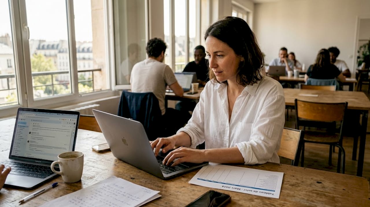Une femme suit une formation en ligne depuis son bureau.