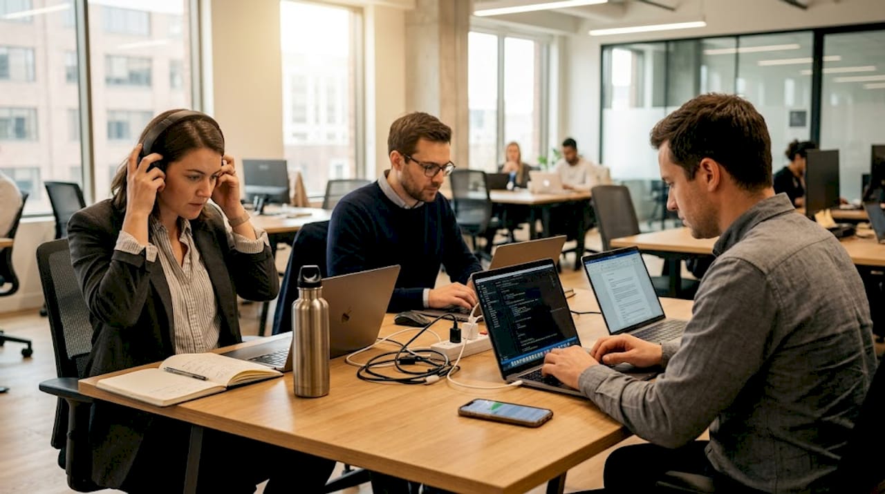 Des collaborateurs concentrés sur leur ordinateur, installés dans un espace de travail partagé.