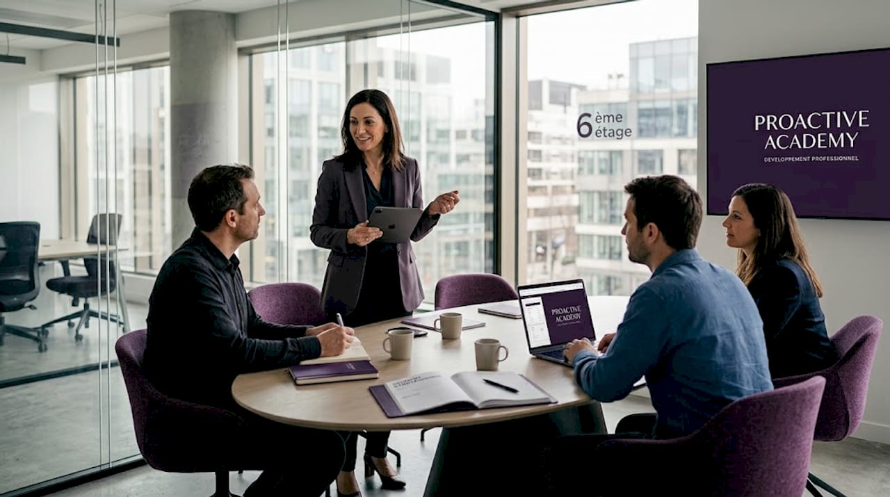 Un manager anime un atelier de formation sur l’intelligence artificielle au sein de l’entreprise.