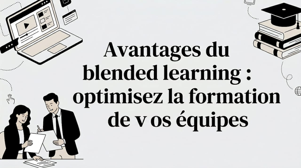 Carte titre au style vectoriel épuré, illustrée par des icônes représentant l’apprentissage hybride