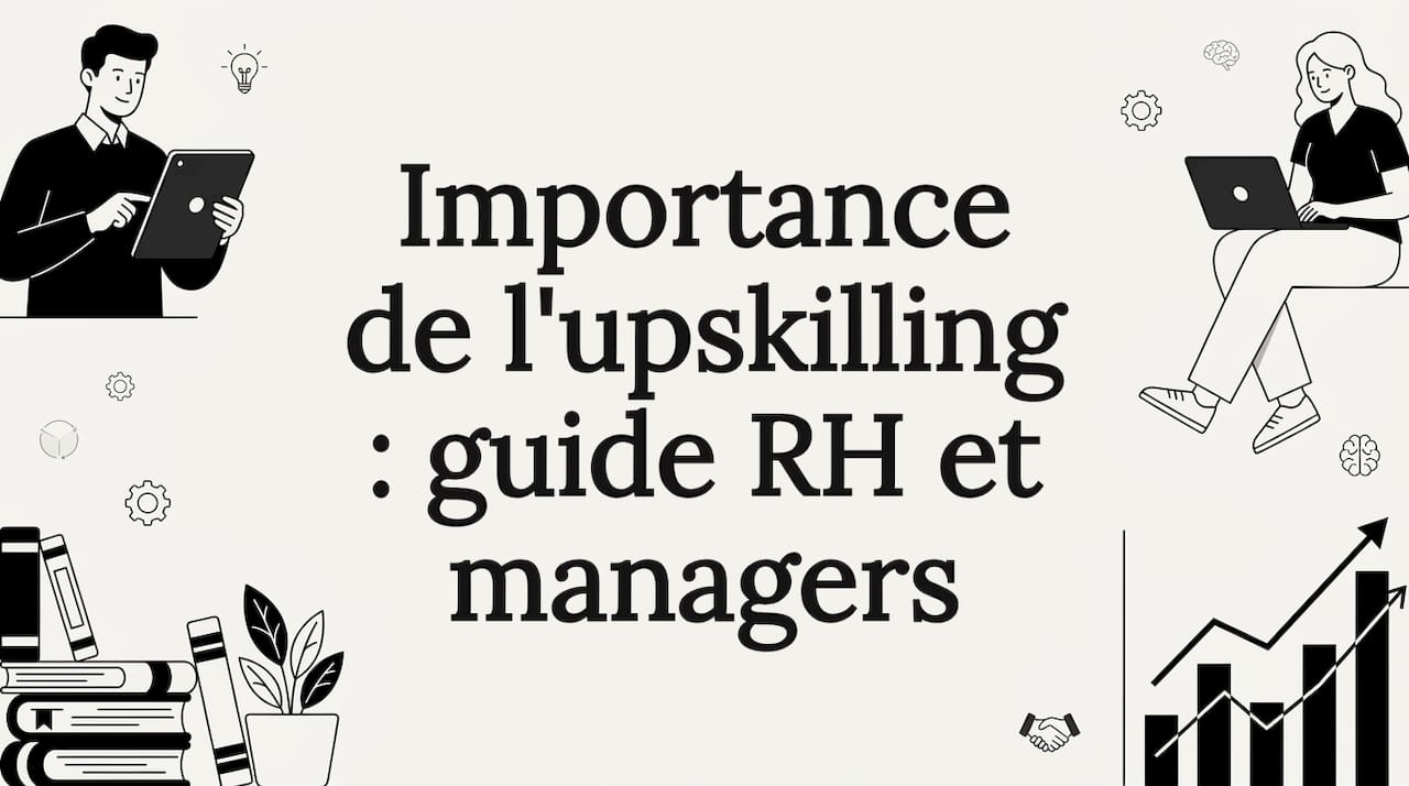 Illustration de couverture en flat design mettant en scène des managers entourés de livres et d’icônes