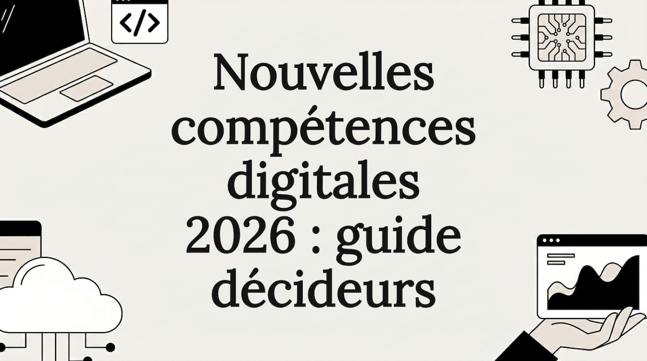 Bannière illustrée mettant en avant des compétences numériques à travers des visuels stylisés