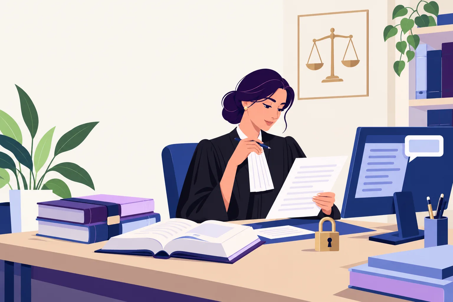 IA pour les avocats : une avocate relit un projet de conclusions, un code ouvert à côté de son écran