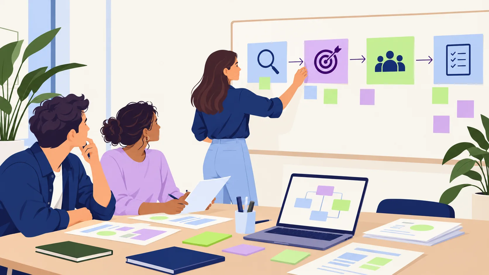Ingénierie pédagogique : une conceptrice organise objectifs, activités et évaluations sur un tableau