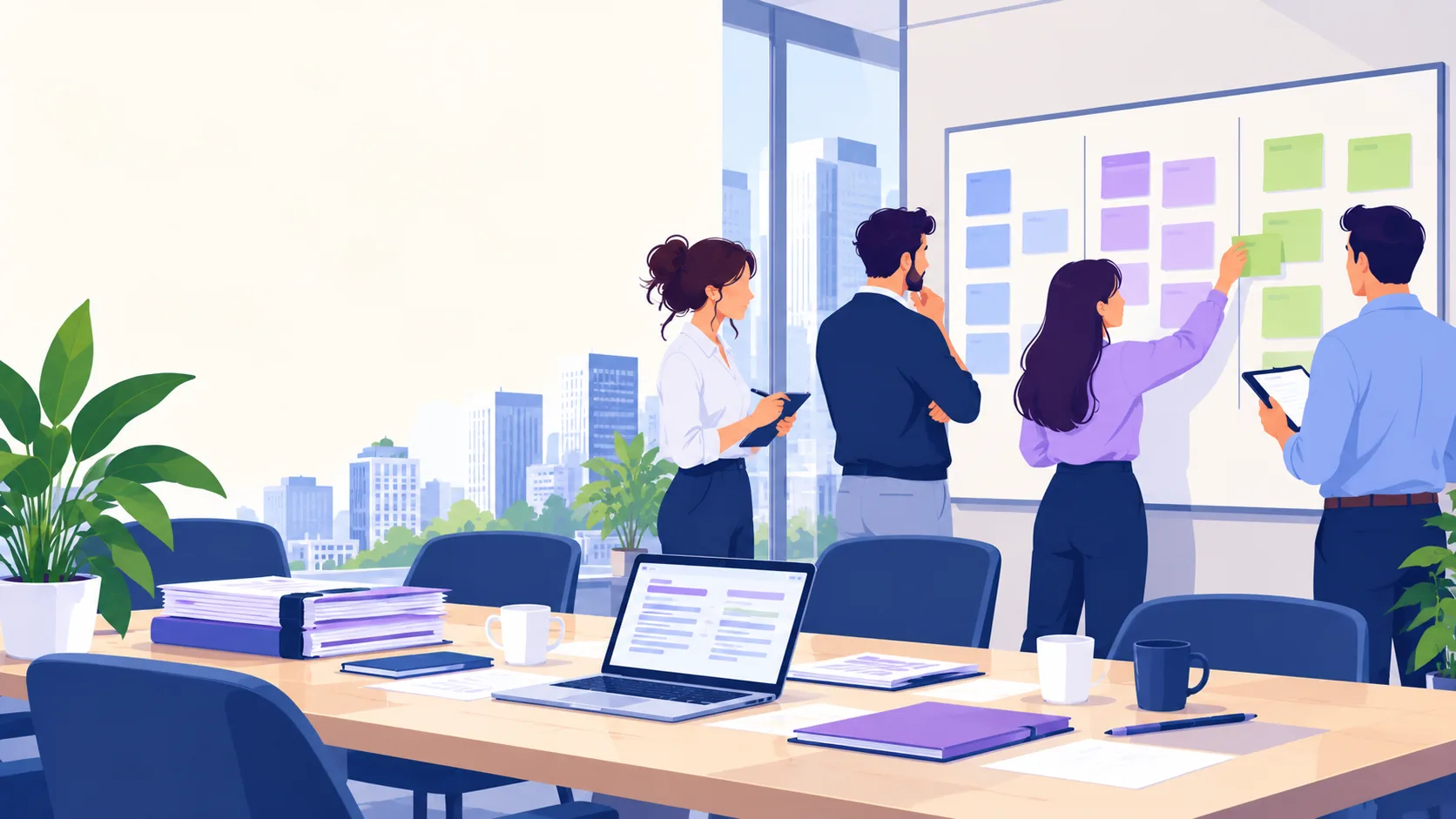 Stratégie IA en entreprise : une équipe réunie autour d'une table trie des tâches sur un tableau pour préparer le déploiement de l'IA générative